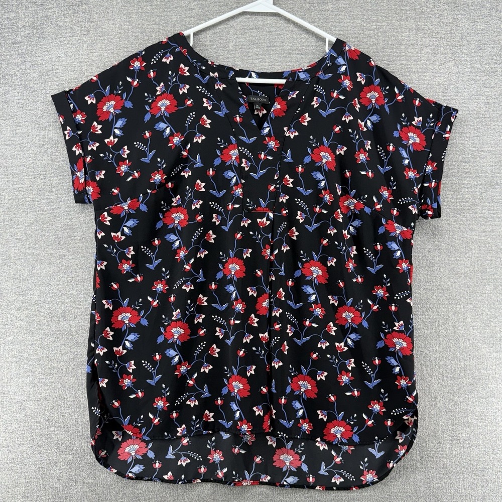 Talbots Blouse Top Women Size XL Black Floral Short Sleeve Casual Lightweight